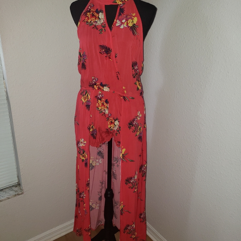 Tropical Peach Floral Romper with overlay - Picture 3 of 14